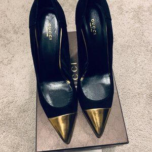 Gucci Black Gold Cap Toe Pointed Heels size 11